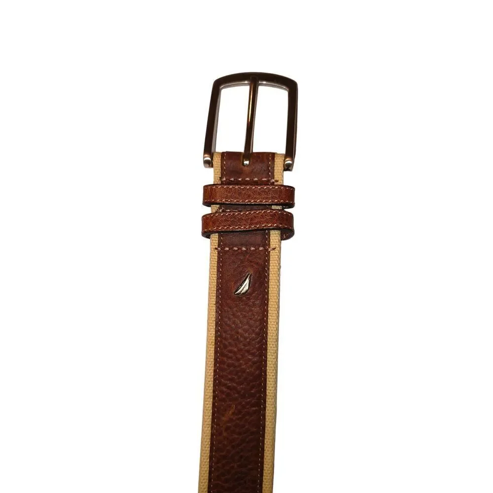 Nautica leather canvas webbing belt J-class sailboat logo brown pebbled leather